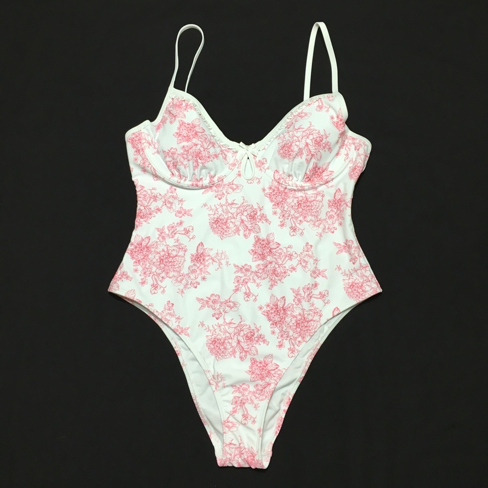 No Boundaries L 12-14 Corsage Pink Toile Underwire 1-Piece Swimsuit